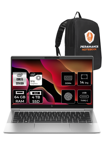 HP Elitebook 640 G10 8A570EA Dahili Intel Iris Xe Graphics Eligible Intel Core i5 1335U 64 GB Ram 4 TB SSD 14 inç Full HD FreeDos Laptop + PER4 Çanta