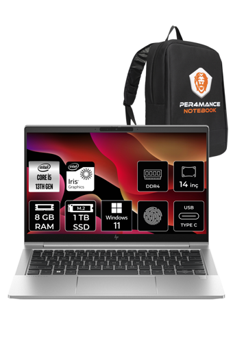 HP Elitebook 640 G10 8A572EA Dahili Intel Iris Xe Graphics Eligible Intel Core i5 1335U 8 GB Ram 1 TB SSD 14 inç Full HD Windows 11 Pro Laptop + PER4 Çanta
