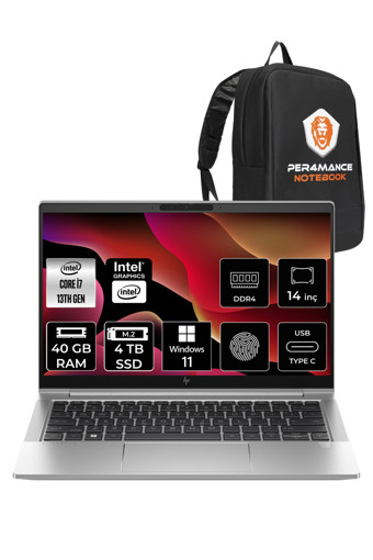 HP Elitebook 640 G10 8A571EA Dahili Intel Iris Xe Graphics Eligible Intel Core i7 1355U 40 GB Ram 4 TB SSD 14 inç Full HD Windows 11 Pro Laptop + PER4 Çanta