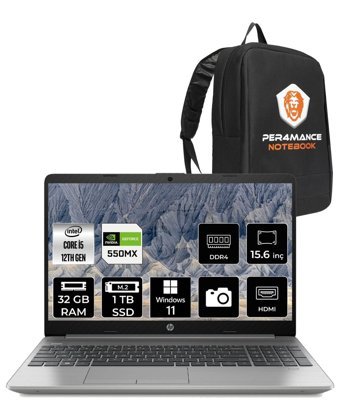 HP 250 G9 6Q8M7ES Harici GeForce MX550 Intel Core i5 1235U 32 GB Ram 1 TB SSD 15.6 inç Full HD Windows 11 Home Laptop + PER4 Çanta