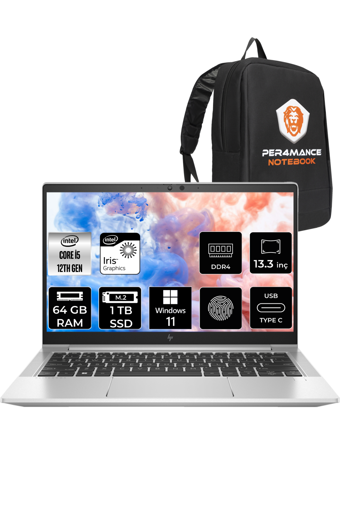 HP Elitebook 630 G9 6S6Y3EA Dahili Intel Iris Xe Graphics Eligible Intel Core i5 1235U 64 GB Ram 1 TB SSD 13.3 inç Full HD Windows 11 Home Laptop + PER4 Çanta