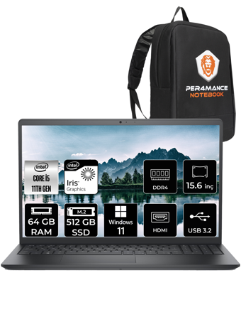Dell Vostro 3520 N2063PVNB3520U Dahili Intel Iris Xe Graphics Intel Core i5 1135G7 64 GB Ram 512 GB SSD 15.6 inç Full HD Windows 11 Pro Laptop + PER4 Çanta