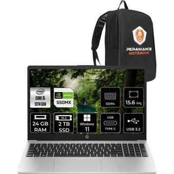 HP 250 G10 8A5P424 Harici GeForce MX550 Intel Core i5 1335U 24 GB Ram 2 TB SSD 15.6 inç Full HD Windows 11 Pro Laptop + PER4 Çanta
