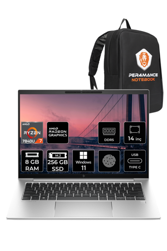 HP Elitebook 845 G10 8A3T0EA Dahili AMD Radeon 780M AMD Ryzen 7 7840U 8 GB Ram 256 GB SSD 14 inç Full HD Windows 11 Pro Laptop + PER4 Çanta