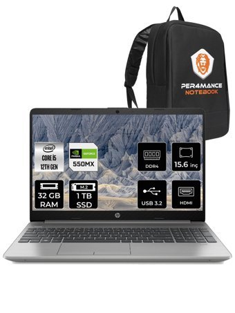 HP 250 G9 6Q8M7ES Harici GeForce MX550 Intel Core i5 1235U 32 GB Ram 1 TB SSD 15.6 inç Full HD FreeDos Laptop + PER4 Çanta
