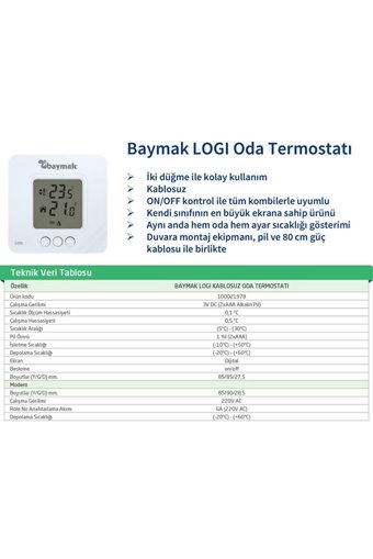 Baymak Logi 30 Derece 0.5 Derece Hassasiyet Akıllı Kablosuz Dijital Termostat