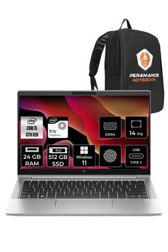 HP Elitebook 640 G10 8A572EA Dahili Intel Iris Xe Graphics Eligible Intel Core i5 1335U 24 GB Ram 512 GB SSD 14 inç Full HD Windows 11 Pro Laptop + PER4 Çanta