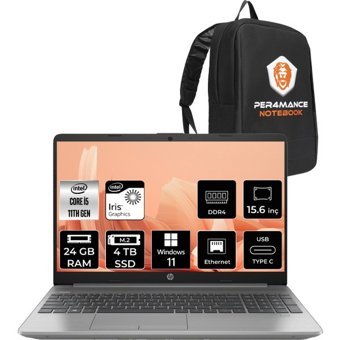 HP 250 G8 853U8ESP375 Dahili Intel Iris Xe Graphics Intel Core i5 1135G7 24 GB Ram 4 TB SSD 15.6 inç Full HD Windows 11 Home Laptop + PER4 Çanta