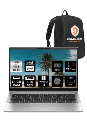 HP Elitebook 630 G10 725N5EA Dahili Intel Iris Xe Graphics Eligible Intel Core i5 1335U 64 GB Ram 4 TB SSD 13.3 inç Full HD Windows 11 Pro Laptop + PER4 Çanta