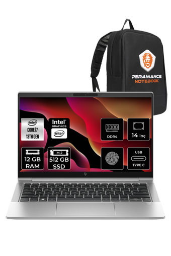 HP Elitebook 640 G10 85D39EA Dahili Intel Iris Xe Graphics Eligible Intel Core i7 1355U 12 GB Ram 512 GB SSD 14 inç Full HD FreeDos Laptop + PER4 Çanta