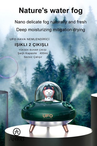Apiyoo 2 Çıkışlı Şarklı 2.2 W 400 ml Işıklı İyonizerli Taşınabilir Şarjlı Mini Soğuk Buhar Makinesi Yeşil