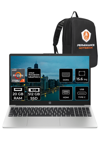 HP 255 G10 8A548EA Dahili AMD Radeon Graphics AMD Ryzen 7 7730U 20 GB Ram 512 GB SSD 15.6 inç Full HD FreeDos Laptop + PER4 Çanta