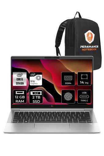 HP Elitebook 640 G10 8A572EA Dahili Intel Iris Xe Graphics Eligible Intel Core i5 1335U 12 GB Ram 2 TB SSD 14 inç Full HD FreeDos Laptop + PER4 Çanta