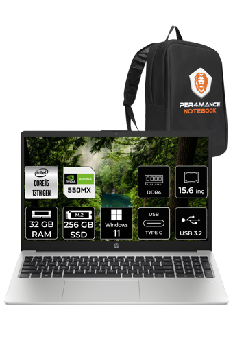 HP 250 G10 8A539EA Harici GeForce MX550 Intel Core i5 1335U 32 GB Ram 256 GB SSD 15.6 inç Full HD Windows 11 Pro Laptop + PER4 Çanta