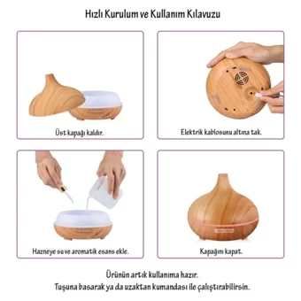 Ateştech Kumandalı Gece Işığı 9 W 550 ml 35 dB Aromaterapi Işıklı İyonizerli Taşınabilir Şarjlı Mini Soğuk Buhar Makinesi Açık Kahverengi
