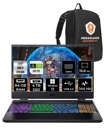 Acer Nitro 5 AN515-58 NH.QGAEY.001 Harici GeForce RTX 3070 Intel Core i7 12700H 64 GB Ram 4 TB SSD 15.6 inç Full HD Windows 11 Home Oyuncu Laptop + PER4 Çanta