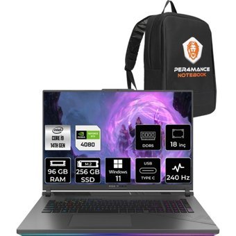 Asus ROG Strix G18 N6092P416 N6092 Harici GeForce RTX 4080 Intel Core i9 14900HX 96 GB Ram 256 GB SSD 18 inç QHD Windows 11 Pro Oyuncu Laptop + PER4 Çanta