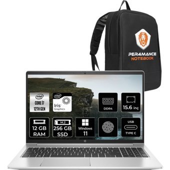 HP Probook 450 G10 6S6X1EAP406 Dahili Intel Iris Xe Graphics Eligible Intel Core i7 1255U 12 GB Ram 256 GB SSD 15.6 inç Full HD Windows 11 Pro Laptop + PER4 Çanta
