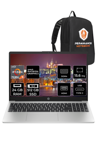 HP 255 G10 8A547EA Dahili AMD Radeon RX Vega 7 AMD Ryzen 5 7530U 24 GB Ram 512 GB SSD 15.6 inç Full HD FreeDos Laptop + PER4 Çanta