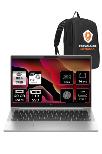 HP Elitebook 640 G10 8A570EA Dahili Intel Iris Xe Graphics Eligible Intel Core i5 1335U 40 GB Ram 1 TB SSD 14 inç Full HD FreeDos Laptop + PER4 Çanta