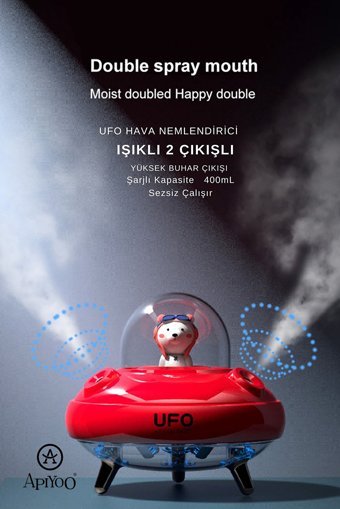 Apiyoo 2 Çıkışlı Şarklı 2.2 W 400 ml Işıklı İyonizerli Taşınabilir Şarjlı Mini Soğuk Buhar Makinesi Kırmızı