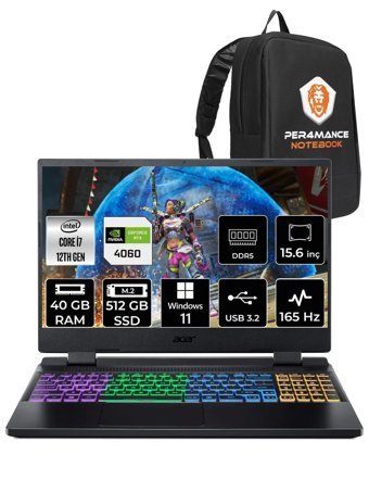 Acer Nitro 5 AN515-58-775T NH.QM0EY.002 Harici GeForce RTX 4060 Intel Core i7 12700H 40 GB Ram 512 GB SSD 15.6 inç Full HD Windows 11 Home Oyuncu Laptop + PER4 Çanta