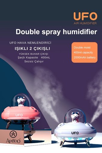 Apiyoo 2 Çıkışlı Şarklı 2.2 W 400 ml Işıklı İyonizerli Taşınabilir Şarjlı Mini Soğuk Buhar Makinesi Beyaz