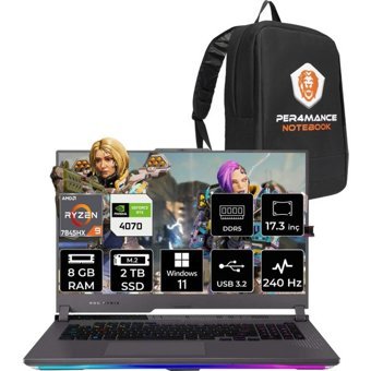 Asus ROG Strix G17 LL047P344 LL047 Harici GeForce RTX 4070 AMD Ryzen 9 7845HX 8 GB Ram 2 TB SSD 17.3 inç QHD Windows 11 Home Oyuncu Laptop + PER4 Çanta