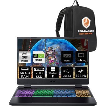 Acer Nitro 5 AN515-58 NHQGAEYP364 Harici GeForce RTX 3070 Intel Core i7 12700H 40 GB Ram 2 TB SSD 15.6 inç Full HD Windows 11 Home Oyuncu Laptop + PER4 Çanta