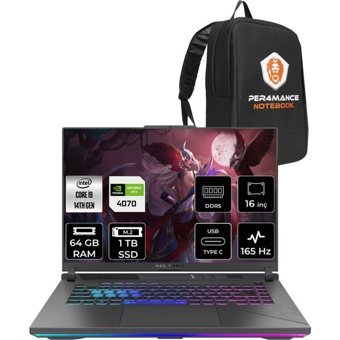 Asus ROG Strix G16 N3038P333 Harici GeForce RTX 4070 Intel Core i9 14900HX 64 GB Ram 1 TB SSD 16 inç Full HD FreeDos Oyuncu Laptop + PER4 Çanta
