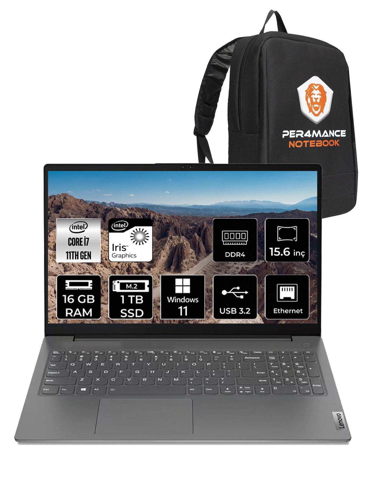 Lenovo V15 82KB00CDTX Dahili Intel Iris Xe Graphics Intel Core i7 1165G7 16 GB Ram 1 TB SSD 15.6 inç Full HD Windows 11 Home Laptop + PER4 Çanta