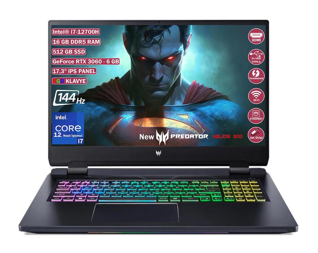 Acer Nitro Predator Helios NH.QGVEY.003 Harici GeForce RTX 3060 Intel Core i7 12700H 16 GB Ram 512 GB SSD 17.3 inç Full HD FreeDos Oyuncu Laptop