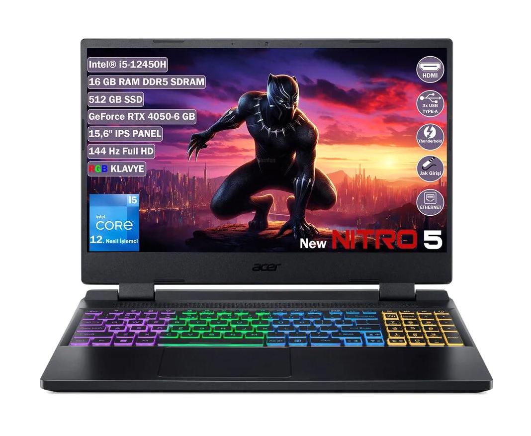 Acer Nitro 5 AN515-58 NH.QLZEY.007+165 Harici GeForce RTX 4050 Intel Core i5 12450H 16 GB Ram 512 GB SSD 15.6 inç Full HD FreeDos Oyuncu Laptop