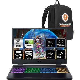 Acer Nitro 5 AN515-58 NHQM0EYP335 Harici GeForce RTX 4060 Intel Core i7 12700H 64 GB Ram 4 TB SSD 15.6 inç Full HD FreeDos Oyuncu Laptop + PER4 Çanta