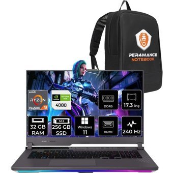 Asus ROG Strix Scar 17 LL063P356 LL063 Harici GeForce RTX 4080 AMD Ryzen 9 7945HX 32 GB Ram 256 GB SSD 17.3 inç QHD Windows 11 Home Oyuncu Laptop + PER4 Çanta