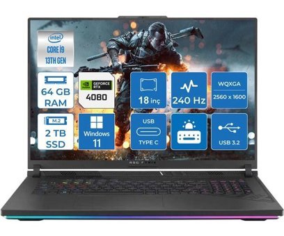 Asus ROG Strix G18 G814JZ-N6022011 Harici GeForce RTX 4080 Intel Core i9 13980HX 64 GB Ram 2 TB SSD 18 inç QHD Windows 11 Home Oyuncu Laptop