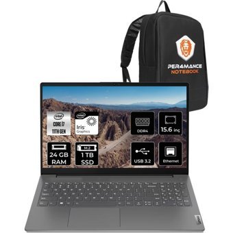 Lenovo V15 82KB00CDTX173 Dahili Intel Iris Xe Graphics Intel Core i7 1165G7 24 GB Ram 1 TB SSD 15.6 inç Full HD FreeDos Laptop + PER4 Çanta
