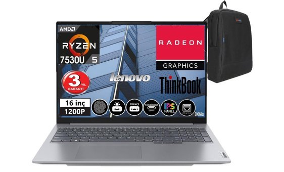 Lenovo Thinkbook 15 Gen 4 TB21DJ00GATX40 Dahili AMD Radeon RX Vega 7 AMD Ryzen 5 7530U 64 GB Ram 2 TB SSD 16 inç Full HD Windows 11 Home Laptop + Çanta