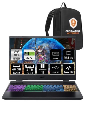 Acer Nitro 5 AN515-58 NH.QGAEY.001 Harici GeForce RTX 3070 Intel Core i7 12700H 48 GB Ram 2 TB SSD 15.6 inç Full HD Windows 11 Home Oyuncu Laptop + PER4 Çanta