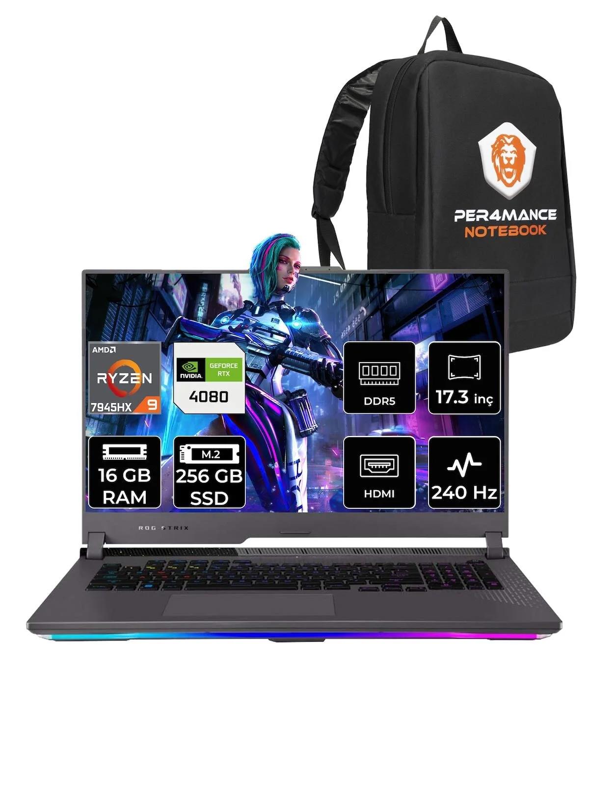 Asus ROG Strix Scar 17 LL062 Harici GeForce RTX 4080 AMD Ryzen 9 7945HX 16 GB Ram 256 GB SSD 17.3 inç QHD FreeDos Oyuncu Laptop + PER4 Çanta