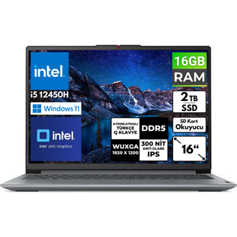 Lenovo IdeaPad Slim 3 16IAH8 83ES002HTR BT4 Dahili Intel UHD Graphics Intel Core i5 12450H 16 GB Ram 2 TB SSD 16 inç Full HD Windows 11 Home Laptop