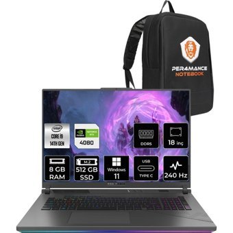 Asus ROG Strix G18 N6092P382 N6092 Harici GeForce RTX 4080 Intel Core i9 14900HX 8 GB Ram 512 GB SSD 18 inç QHD Windows 11 Pro Oyuncu Laptop + PER4 Çanta
