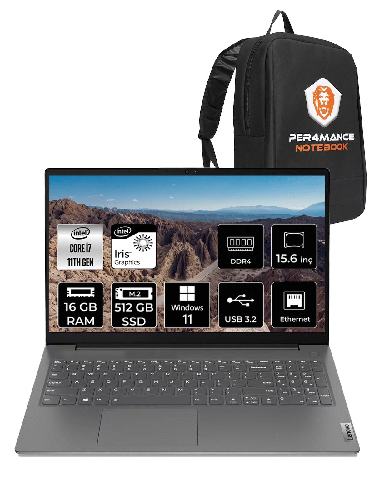 Lenovo V15 82KB00CDTX Dahili Intel Iris Xe Graphics Intel Core i7 1165G7 16 GB Ram 512 GB SSD 15.6 inç Full HD Windows 11 Pro Laptop + PER4 Çanta