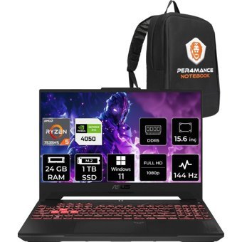 Asus TUF Gaming A15 LP158P353 Harici GeForce RTX 4050 AMD Ryzen 5 7535HS 24 GB Ram 1 TB SSD 15.6 inç Full HD Windows 11 Home Oyuncu Laptop + PER4 Çanta
