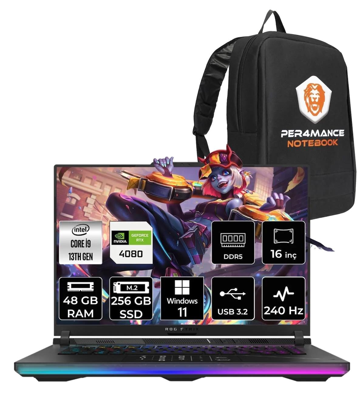 Asus ROG Strix Scar 16 NM042 Harici GeForce RTX 4080 Intel Core i9 13980HX 48 GB Ram 256 GB SSD 16 inç Full HD Windows 11 Home Oyuncu Laptop + PER4 Çanta