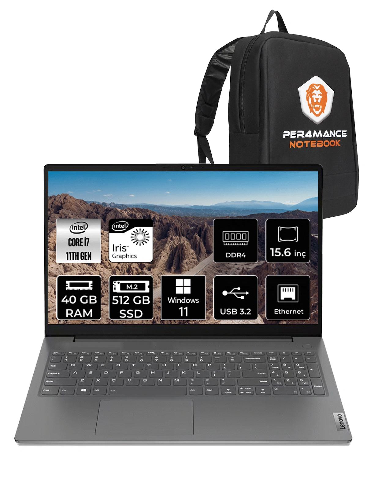 Lenovo V15 82KB00CDTX Dahili Intel Iris Xe Graphics Intel Core i7 1165G7 40 GB Ram 512 GB SSD 15.6 inç Full HD Windows 11 Pro Laptop + PER4 Çanta