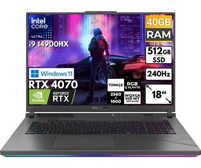 Asus ROG Strix G18 G814JIR-N6002 BT58 Harici GeForce RTX 4070 Intel Core i9 14900HX 40 GB Ram 512 GB SSD 18 inç Full HD Windows 11 Pro Oyuncu Laptop