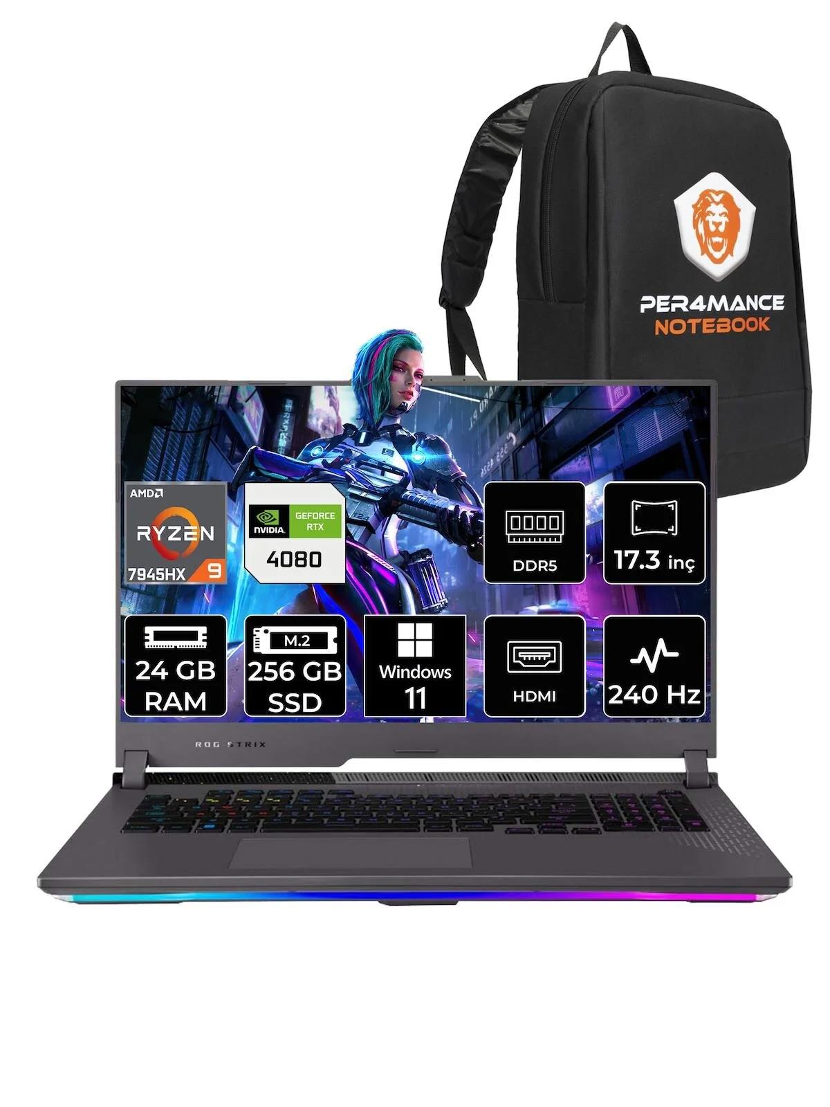 Asus ROG Strix Scar 17 LL065 Harici GeForce RTX 4080 AMD Ryzen 9 7945HX 24 GB Ram 256 GB SSD 17.3 inç QHD Windows 11 Pro Oyuncu Laptop + PER4 Çanta