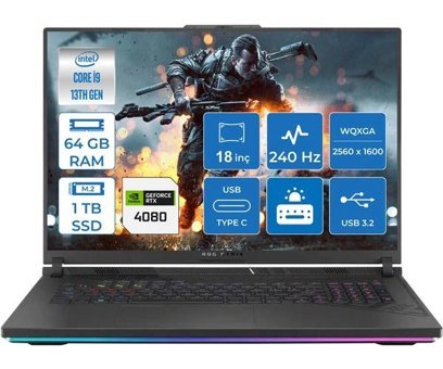 Asus ROG Strix G18 G814JZ-N6022007 Harici GeForce RTX 4080 Intel Core i9 13980HX 64 GB Ram 1 TB SSD 18 inç QHD FreeDos Oyuncu Laptop