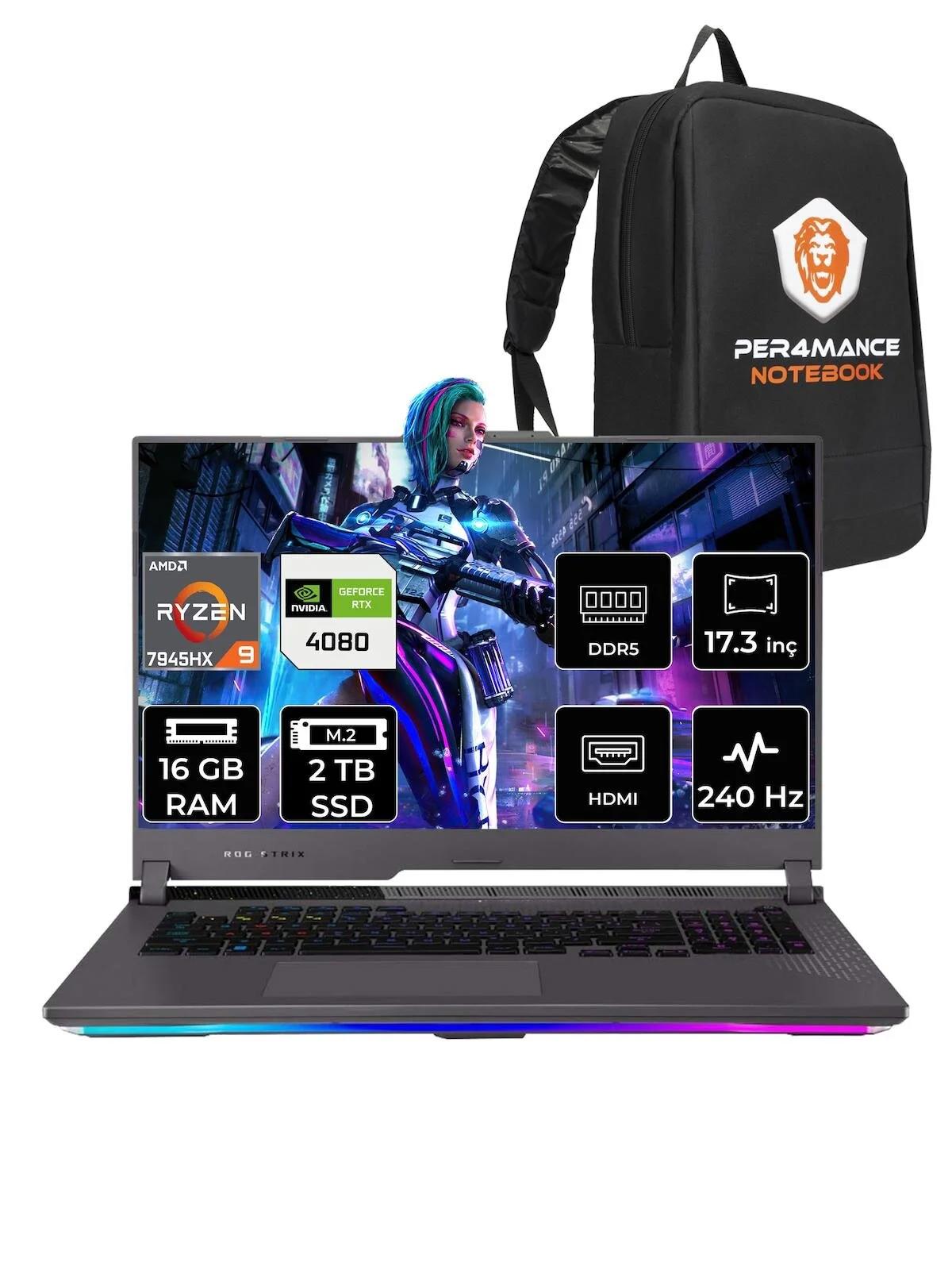 Asus ROG Strix Scar 17 LL023 Harici GeForce RTX 4080 AMD Ryzen 9 7945HX 16 GB Ram 2 TB SSD 17.3 inç QHD FreeDos Oyuncu Laptop + PER4 Çanta